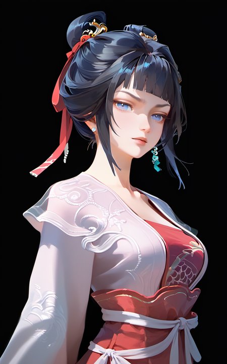 score_9,score_8_up,score_7_up,
<lora:zhiguiPony-000002:1>,
zhigui,1girl,solo,black hair,hair bun,earrings,realistic,blue eyes,jewelry,chinese clothes,single hair bun,arms behind back,hair ornament,simple background,ribbon,long sleeves,bangs,lips,looking at viewer,blunt bangs,black background,hanfu,see-through,<lora:v6:0.9>,half-closed eyes,