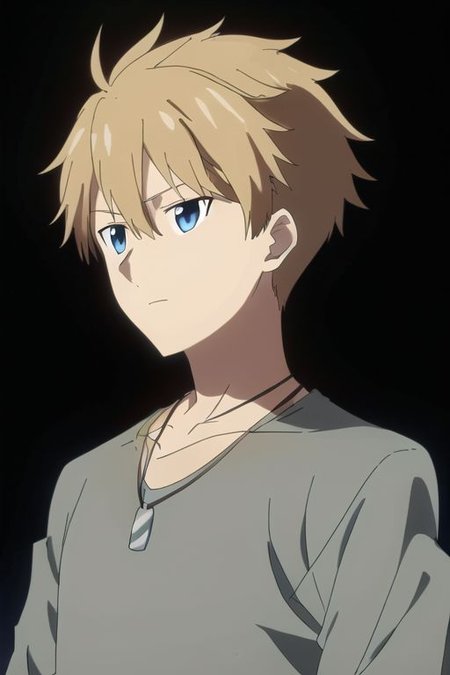 high resolution, professional photography, solo, best quality, 1Boy, Yamato Ishida, Blond Hair, Deep Blue Eyes, Necklace, cool, Mysterious black background, Movie lighting, a sense of atmosphere, OverallDetail