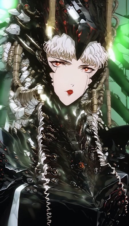 1girl, red eyes, robot, glowing, science fiction, looking at viewer, white hair, helmet, solo, red lips, mecha, braid, armor, drill hair, sidelocks