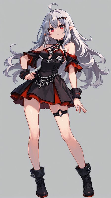 1girl, solo, long_hair, breasts, looking_at_viewer, bangs, simple_background, red_eyes, dress, bare_shoulders, medium_breasts, closed_mouth, standing, full_body, ahoge, grey_hair, boots, pointy_ears, grey_background, wrist_cuffs, thigh_strap, hands_on_hips