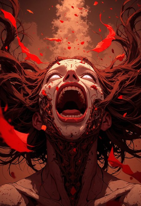 surrealism, extreme angle camera shot, fish eye lens, lens warping, distortion, bokeh, soothing atmosphere, epic, cinematic, falling, petal leaves, scream
