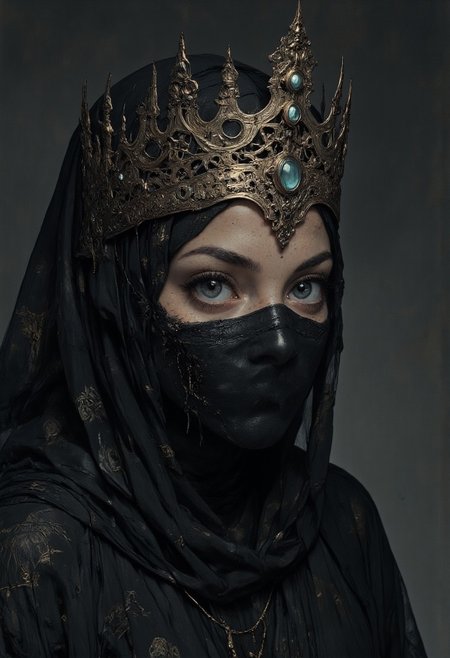 ((dark atmosphere, dark gray filter)) close up view
Dark Queen, gorgeous lips, dark red lipstick,((in a dark robe with her face completely hidden under a heavy fabric)). ((the eyes and the floor of the face are covered with a cloth))
On the head rises a luxurious crown with exquisite details. Gothic crown of the night queen.(The crown is tightly worn on the head) The atmosphere is dark and mystical, accentuated by dramatic lighting and deep shadows
high_detailed, captured in high detail