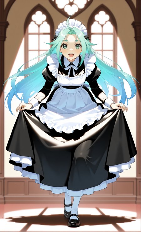 masterpiece, sharp detail, intricate detail, 1girl, <lora:To be hero X - Lucky Cyan:0.8>, lucky cyan \(to be hero x\), detailed eyes,  maid, :d, full body, mary janes, long maid skirt, standing, leaning forward, straight-on, elegant curtsey, looking at viewer, smile, graceful movement, one knee slightly bent, graceful pose, dramatic shadows, cinematic lighting, detailed background, light and shadow contrast,