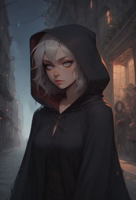 score_9, score_8_up, score_7_up, 1 girl, Ianmae, alluring face, grey eyes, witch, hooded cloak, brown cloak, (hood up:1.8), oversized woolen robe, fantasy, (short hair), silver hair, messy hair, Expressiveh, outdoor, medieval city street, night, dark scene, dimly lit, cinematic lighting, cowboy shot