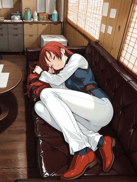 masterpiece,best quality,newest,
1girl,solo,<lora:c_20f_ilxl_v1.1:1>,
c_20f,window,wooden floor,couch,shade,blinds,tile wall,table,foreshortening,fetal_position,lying,shot from above,sleep,<lora:Fixhands_anime_bdsqlsz_V1:1>,<lora:elenoa_ilxl_v3.1:1>,elenoa,red hair,very long hair,e_02clothes,long_sleeves,white sleeves,blue clothes,white pants,red shoes,fantasy,closed eyes,