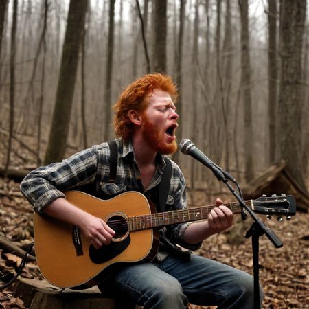 (ultimate quality), (intricate detail), (ultra-high resolution), a redheaded guitar player in the deep woods of appalachia sings his heart out about the injustice in society, his eyes are closed with emotion