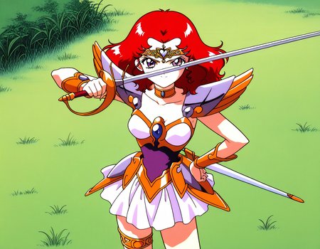 general,highres, ultra-detailed,very aesthetic,best quality ,best hands,  BREAK <lora:Scarlett_ohara_IS:1> Scarlett_ohara, 1girl,solo, red hair, long hair, purple eyes, breasts, 1990s (style), anime coloring, 
 choker, armor, 1990s (style), skirt, hand on hip, smile, tiara, jewelry, magical girl, thighlet, white skirt, miniskirt, thigh strap, armored dress, bracer, shoulder armor, blue eyes, looking at viewer, short hair, pauldrons, cowboy shot,
hold, sword, rapier, serious face, fighting pause,
day, say,  grass,
