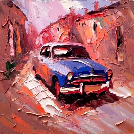impasto old car on a deserted road <lora:impasto:1>