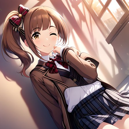 (masterpiece),(best quality),(ultra-detailed),(best illustration),(best shadow),(absurdres),(detailed background),(very aesthetic)kyoko igarashi, schooluni, one eye closed, solo, 1girl, skirt, side ponytail, brown hair, smile, school uniform, bow, jacket, brown eyes <lora:Kyoko_Igarashi__äºååµé¿å­_-_The_Idolmster_Cinderella_Girls__ã¢ã¤ãã«ãã¹ã¿ã¼ã·ã³ãã¬ã©ã¬ã¼ã«ãº_SDXL_Animagine_XL_3.1:1>