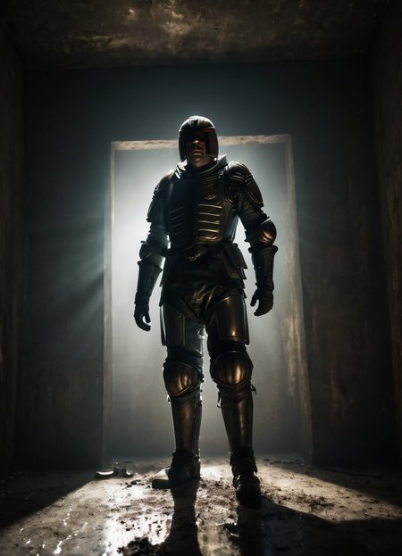 jdgdrdd, low angle image of a man in armor standing in a dark and dirty room, strong backlight, wide stance, grim and gritty, 
<lora:Judge_Dredd_-_2012_SDXL:0.8> jdgdrdd