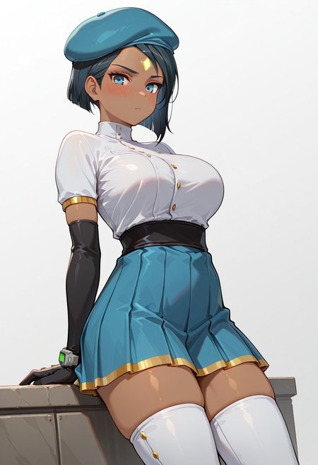 masterpiece, best quality, 32k, high resolution, absurdres, ciel soleil, 1girl, solo, beret, gloves, looking at viewer, thighhighs, skirt, blush, thighs, large breasts