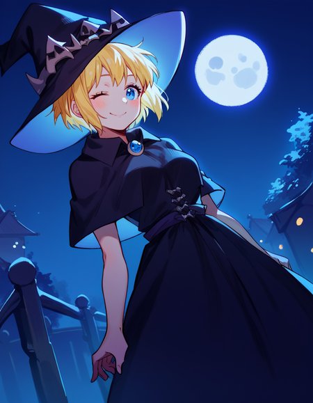 score_9, score_8_up, score_7_up, source_anime, <lora:fireforce-iris-s1s2-ponyxl-lora-nochekaiser:1>, iris, short hair, blonde hair, blue eyes, medium breasts,, <lora:witch-ponyxl-lora-nochekaiser:1>, witch, hat, witch hat, dress, halloween, halloween costume, jewelry,, night, moon, blush, smile, one eye closed,, , dutch angle, cowboy shot