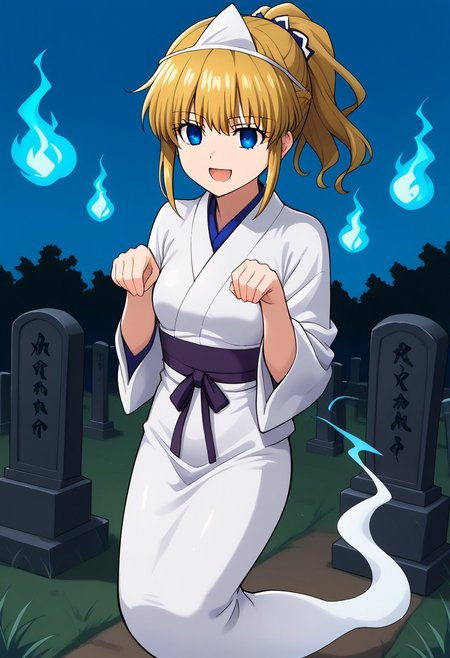1girl, solo, uujessica, blonde hair, ponytail, blue eyes,  shadowed eyes, shaded eyes, serious, open mouth, evil smile,  yurei, Japanese clothes, tombstone, white Japanese dress, triangular headpiece, solo, hitodama, ghost, graveyard, outdoors, nolegs, blue fireballs, Yurei