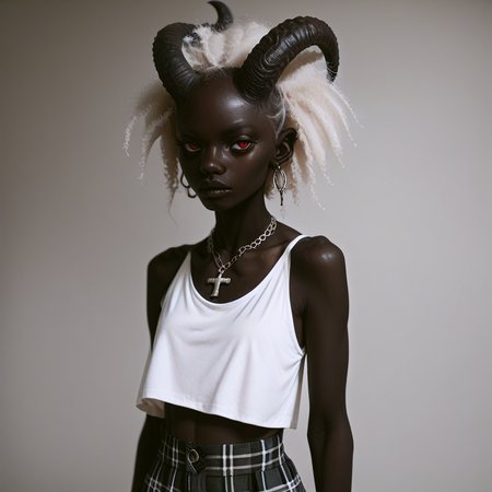 score_9_up, score_8_up, score_7_up, 
1girl, solo, <lora:bdemonpony011:1>, colored skin, pale skin, black skin, black hands, black feet, red eyes, monster girl, skinny, anorexic, slim, horns, white hair,  
chain necklace, cross necklace, bracelets, white shirt and plaid skirt, 
indoors, dark black room, music decorations, 80's punk style, solo,  <lora:Skin Color_alpha1.0_rank4_noxattn_250steps:2.0>