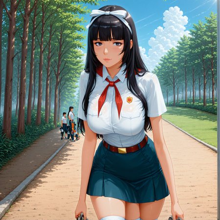 masterpiece, high_quality, highres, detailed_eyes, detailed, masterpiece, best quality, absurdres, 8k, HDR, face_focus, high quality, very_awa, newest, absurdres, highres, depth_of_field, realistic_skin, pinkretroanime, (retro art:0.7), Jeddtl02, p0nyd1sney1ncasev1x0n2, very aesthetic, detailed face, pioneer_uniform, el_pioneer_outfit, white_shirt_pioneer, short_sleeves, pioneer_badge, blue_short_pioneer, red_neckerchief, belt, white_socks, shoes,<lora:Yamato_Aoki_illustrious:1> , black eyes, long hair, bang, black hair, large hanging breasts elegant and dominant, mature, adult, sexy, medium breasts, looking at viewer, detailed beautiful eye, medium breasts, amazing background, clouds, nature, forest, ,  <lora:Everlasting_summer_pioneer_uniform:1>, detailed skin texture, (blush:0.5), (goosebumps:0.5), subsurface scattering