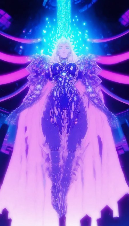 1girl, floating, science fiction, solo, breasts, cape, bodysuit, cyberpunk, glowing, armor, full body