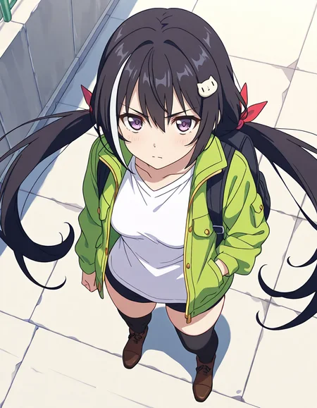 (momochi kiruya,streaked hair,multicolored hair,black hair,white hair,very long hair,low twintails,red ribbon,bangs,cat hair ornament,purple eyes,green open jacket,white shirt,black thighhighs,brown footwear,backpack,,hand in pocket,1girl,serious),city,day,(from above,from below:2) ,
looking at viewer,
medium breasts,
perky breasts,realistic proportions,natural looking breasts,explicit,hair between eyes,strong outlines,clean lineart,harsh lines,slim,curvy,(narrow waist:0.1), wide hips,thick thighs,detailed body,skindentation,matte skin,smooth skin,deep skin,soft brightness,detailed mouth,kawaii,moe face,
(anime screencap),(anime coloring:1.2),anime style, Japanese anime, cel-shading, clean lineart, vibrant colors, sharp facial features, 2D illustration, anime screencap style,anime background scenery,detailed linework,intricate details,(masterpiece,best quality,amazing quality),IllusP0s,(very aesthetic,absurdres:1.2),16k,highres,perfect hands,five fingers,detailed hands,
 <lora:ããªã³ã»ã¹ã³ãã¯ãReDiveã­ã£ã«illustriousPrincess_Connect_ReDivekarylillustrious:1:0.8>