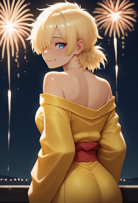 masterpiece, best quality, newest, anime, from behind, solo, 1girl, srsvctr, smile, looking back, short hair, blonde hair, hair over one eye, blue eyes, japanese clothes, yellow kimono, off shoulder, red sash, bare shoulders, outdoors, night, fireworks
<segment:yolo-Anzhc Face seg 640 v2 y8n.pt,0.4,0.5//cid=1>
