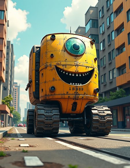 modernist art by Arnoldo Pomodoro and Alexis Gritchenko, Amidst crazed and chaotic highways laden against the backdrop of massive, gritty buildings is one that seems out there, except for this robot's Smiling expression. The streets are devoid of movement yet alive and lifelike. But these urban creatures come alive at an Hideous speed - electric trucks made entirely from renewable material crawl around a sprawling precautious landscape. Nomadic forest on massive tracked vehicles, slowly crawling across a Solarpunk Art landscape, Each vehicle is a self-contained district, Inspired by Mortal Engines and Excessivism architecture, colorful, industrial designs with visible mechanics, Earthy, rusted tones with pockets of Lifelike life within, Mobile, resilient, ever-changing horizon, great light, quality, located artistic, deep rich colors, ambient light, artistic, Modernist sculpture, geometric forms, monumental, cubism, futurism, dynamic, abstract