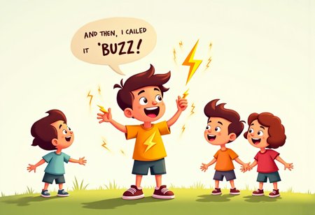 a small child in a playful cartoon style, standing in front of a group of excited friends. The child, with wide, enthusiastic eyes and an expressive face, is animatedly telling a story about his newest creation, "Buzz." He’s dressed in a simple outfit: a bright t-shirt with a lightning bolt logo on it, shorts, and sneakers. His arms are raised high as he holds his invention — a small, stylized lightning bolt with glowing edges, sparking faint electricity around it. The child’s mouth is open in mid-sentence, and above him, a speech bubble reads, “And then, I called it 'Buzz!'” with the word "Buzz" clearly emphasized in quotation marks.
The invention looks like a handheld device shaped like a miniature lightning bolt, with smooth, curved lines and faint electric currents running along its surface. His friends, all drawn with expressions of awe and wonder, are gathered around him, leaning in to hear the story. The background is a bright, simple scene, with green grass beneath them and a few cartoon clouds in a blue sky. The overall color palette is vivid, with exaggerated expressions and dynamic poses to give the scene a sense of excitement and energy.