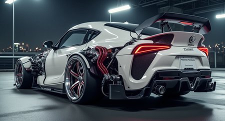 a Tokyo drift-style Toyota Supra, arctic white paint with matte finish, featuring bold crimson mechanical tubing routing along the sides and exposed structural supports under the wheel wells, the hood is removed to show off chrome turbocharger parts, welded steel bracing, and sharp-edged manifolds, body kit panels are reinforced with visible boltwork and carbon-plated extensions, rear wing has mechanical stabilizers with actuator detail, background is a nighttime rooftop garage with moody overhead spotlights and city skyline in the distance, cold-toned atmosphere with sharp highlights and shadows, photoreal render  








mg-mk.1