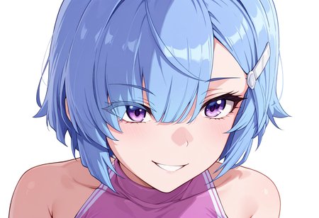 masterpiece,high quality details, absurdres,
 <lora:Imose_Mimika:0.8>aged up, 
mimika_cnr, 1girl, blue hair, short hair, hair over one eye, purple eyes,eyes visible through hair,hairclip,, simple background, white background, sideways,solo,, grin,serious,, elegant silhouette,slight back arch,happy face,, sports bra   ,pullover,single leg thighhigh,  ,polka dot legwear,