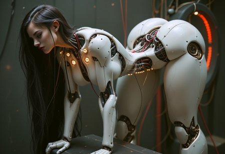 high quality, best quality, ultra-detailed, very aesthetic, source_realistic, 1girl, solo, Long black hair, swept bangs, curtained hair, dark brown eyes, dark makeup, cat eyeliner, red lipstick, beautiful lips, red long nails, very pale skin, curvy, medium breasts, thick thighs, round ass, dynamic pose, pinup pose, dim light, (sci-fi, perfect anatomy, android girl, erotic pose, reelmech, mechanical parts, cable, wires, machinery, joints, mecha, (medium breasts), ((fat ass, thick thighs, small waist)), high-contrast setting, alien android, flowing black hair, very long hair, dark moody dramatic background, glowing red, spaceship cockpit, galaxy, space, stars, planets, bright colors contrasted against dark background, (red neon glow) from consoles and screens, bright led lights, buttons, switches, (charging), conduit, bending forward, using console, glowneon, mechanical high heels), ultra-definition, fine details, high resolution, 8K wallpaper, perfect dynamic composition, (((tighs to head focus))), raw, photo, realistic
