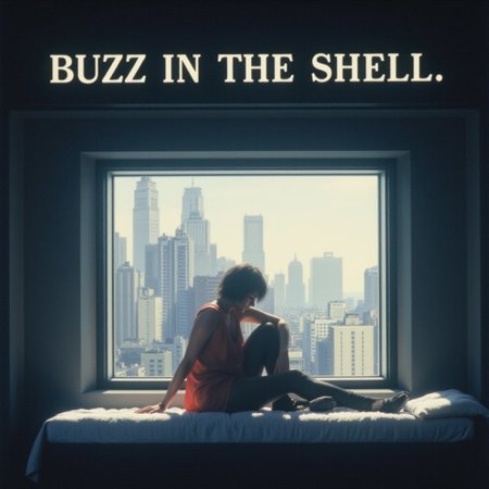 Motoko Kusanagi sitting on a bed by the koukaku window. "BUZZ IN THE SHELL" in white letters at the top.