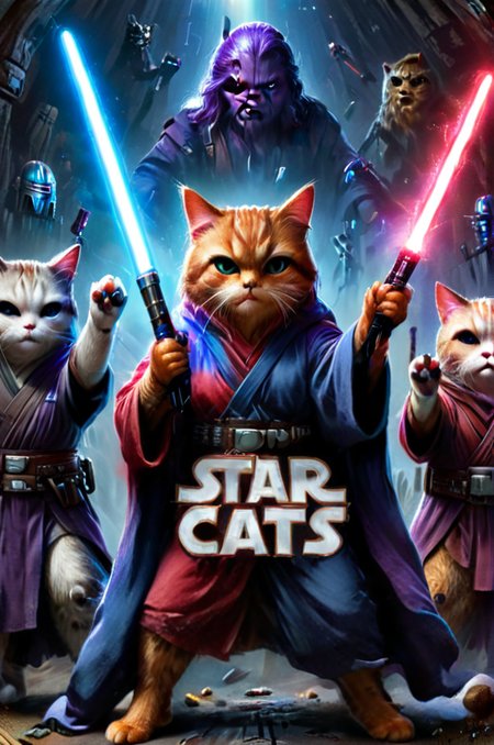 (("STAR CATS" (text logo:1.8))) <lora:Harrlogos_v2.0:1.8>, (full body), (((fat cats))), (screensaver for the movie "Star Wars" fat cats in Jedi costumes, holding lightsabers in their hands), predominant violet and red and blue color, hyper-detailed, hyper-realism, sharp shot, cinematic, background action-packed,  <lora:xl_more_art-full_v1:1>,