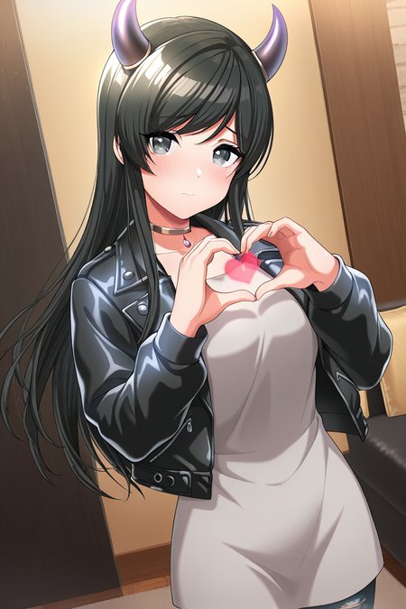 masterpiece, best quality, amazing quality,
 <lora:Tsubaki_IL:1> tsubaki, 1girl, horns, heart hands, heart, solo, black hair, jacket, long hair, black jacket, leather jacket, leather, jewelry, dress, choker, looking at viewer, indoors, black eyes, denim, torn pants, casual1
