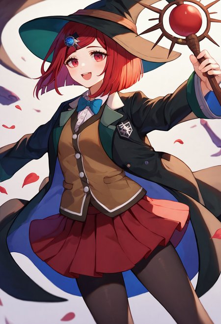 score_9_up score_8_up score_7_up, smile, holding, staff
BREAK
yumeno himiko default, 1girl, hair ornament, short hair, red hair, hairclip, red eyes, skirt, witch hat, pantyhose, jacket, hat, bangs, shirt, pleated skirt, red skirt, black jacket, open clothes, collared shirt, long sleeves, brown vest, open jacket, vest, black pantyhose, black headwear, dress shirt
 <lora:danganranpa_v3_pony_d16:1>