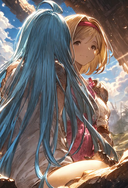 best quality, aesthetic,,
blue sky, cloudy sky, cloud, sunlight, lens flare, ruin, landscape,
2girls, yuri, sitting on a rock, from behind, (hug from behind:0.1),
djeeta \(granblue fantasy\), medium breasts, blonde hair,
lyria \(granblue fantasy\), very long hair, blue hair, small breasts, skinny, 
<lora:JitaRuri-XL:1> jitaruri, (sketch:0.5), shoulder armor, gauntlets,  <lora:lyria-XL:0.3>