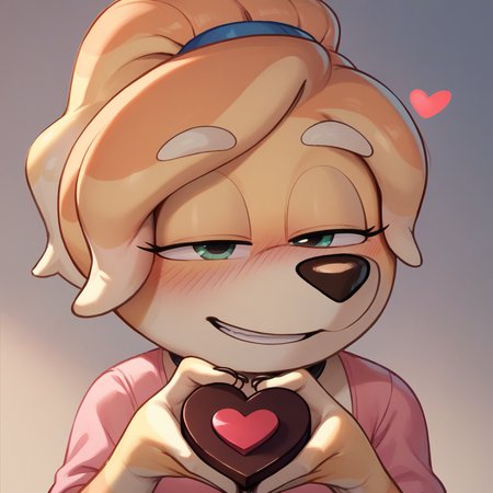 score_9, score_8_up, score_7_up, BREAK furry female, holding heart-shaped chocolate, smile, blush, half-closed eyes, pink shirt, happy valentine,  <lora:friskyb:1> friskyb, furry, ponytail,