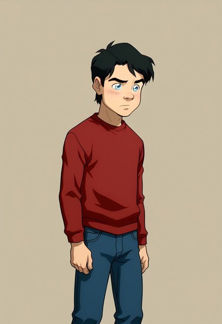 High Quality,  Billy batson,  solo, 1boy, black hair, blue eyes, red tshirt, bluejeans, young, small body.