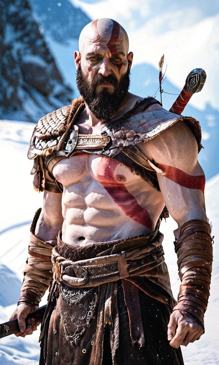 score_9, score_8_up, score_7_up, BREAK, zy_kratos, 1boy, facial hair, beard, bald, scar, manly, muscular, tattoo, abs, shoulder armor, weapon, portrait, realistic, photo, real hair, detailed skin, mountain, snow, highly detailed, detailed skin, depth of field, film grain,  <lora:zy_Kratos_PonyRealism_v1:0.75>