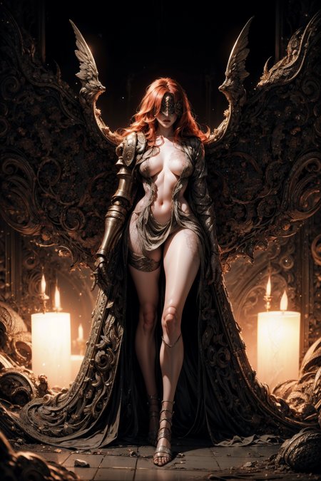 Highly detailed, High Quality, Masterpiece, beautiful, 1girl, prothestic leg, single mechanical arm, prosthesis, MaleniaRot, wings, covered eyes, scar, bug, <lora:MaleniaV2:1>, sword, full body,  cave, (dim light, darness:1.2), <lora:colorify:-1>