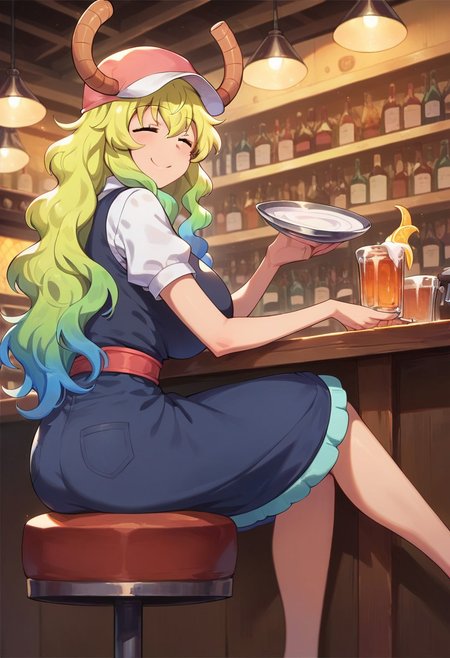 score_9, score_8_up, score_7_up, masterpiece, best quality, expressive, background, bar, bartender, smile, Lucoa_(Maidragon), masterpiece, best quality, 1girl, sitting down, chair, thick.