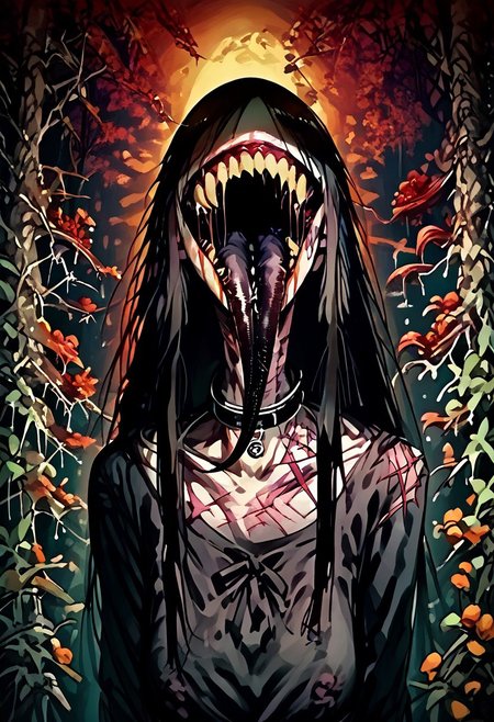 score_9, score_up_8, masterpiece, best quality, explicit, 
hasshaku-sama, mature woman, large woman, tall woman, sagging breast, enormous breast, long hair, black hair, horror (theme), collar bone, bony body, skinny, anorexic, fall season, trees, red yellow and orange leaves, falling leaves, night, garden, Expressiveh,  
 teeth, tongue, open mouth, horror, blood, (((stiches, scars))), black tongue, very long tongue, black tears, full body