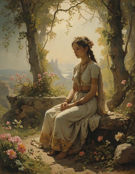 ([by Harriet Backer|by Francisco de Goya]:1.5), (Across the plains of the subcontinent, Ancient India blossoms, a tapestry of empires and spirituality, where the Vedas echo through the ages.:0.5) (Fairy punk:1.3) <lora:xl_more_art-full_v1:0.5> <lora:add-detail-xl:0.7> <lora:MJ52:0.4>