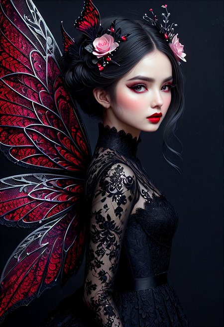 beautiful hyper detailed whimsical 35 k ultra realistic hyper detailed beautiful dark fairy, hyper detailed perfecteyes, shadow woman red lips graphic, dark intricate wings on back, black lace dress, black boots, in the style of Charlie Bowater, nicoletta ceccoli , dark  Whimsical, Detailed Fantasy, black lace Background pattern with tiny  3d red and pink hearts, Glitter, White Thorns, Muted Colors, Explosion, Intricate Extremely Detailed, Hyperdetailed, style of monica lee, Hgonzag, Camilla d'Errico Diego Gisbert,Winter wonder land art art, Masterpiece, trending on artstation, featured on pixiv, cinematic composition, 8K