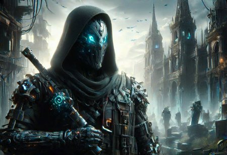 (((Ultra-detailed, Hyper-realistic, 8k, highres, masterpiece))),(full length highly detailed intricate cyborg demonic-skeletal) (tattered cloak),((highly detailed tech body,decaying parts, Intricate exposed wiring, exposed wires,exposed circuitry,electric glow)),((highly detailed cyber-skeletal head,signs of decay,exposed wiring, exposed wires,exposed circuitry,electric glowing eyes)),in a highly detailed Labratory background with Test tubes,holographic screens,covered in pulsing electricity,cyber setting,cinematic,realistic,science fiction,dark colours,background light,e,<lora:XL_Weapon_Sword_-_By_HailoKnight_2:0.8>,Wielding sword,<lora:add-detail-xl:1>,<lora:ArmorSuit_v01:0.8>, armorsuit,