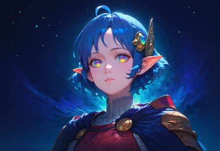 score_9, score_8_up, score_7_up, score_6_up,
star ocean, 1girl, rena lanford, ahoge, armor, [blue:opal:0.5] eyes, blue hair, cape, hair ornament, pleated skirt, pointy ears, short hair, beautiful detailed eyes,
from below, upper body, (close-up:1.2), space, star \(sky\), spiral galaxy, portrait, official wallpaper, backlighting,
 <lora:yukihiro_kajimoto_so2r_pony:0.8>
<lora:IOS_Iridescent_opal_style:0.8>