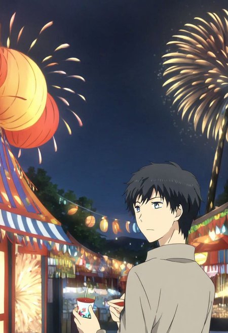 high resolution, solo, best quality, 1Boy, Arata Kaizaki, Black Hair, Blue Eyes, Festival, Date, Firework, OverallDetail