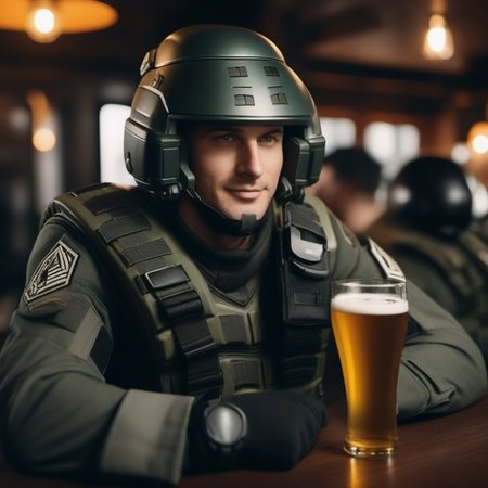 cinematic photo a man with a army suit and a helmet having a beer in a pub, text ''I'm doing my part'' <lora:StarshipTroopers1024:0.8> . 35mm photograph, film, bokeh, professional, 4k, highly detailed