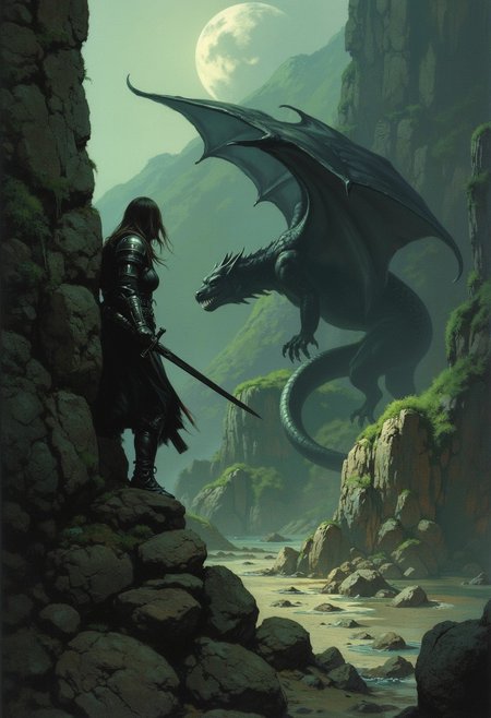 The subject is dynamic action scene where a female knight taking cover behind some large rocks as a dragon with great dark wings and horned head slithers past, 
Dark environment, black over black, highly detailed,
the background features a greenish but mostly dead mountainous landscape.