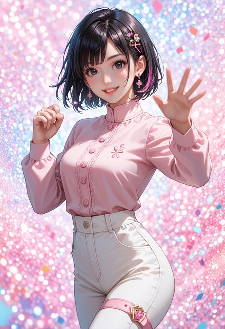 score_9, score_8_up, score_7_up, masterpiece,source_anime, best quality, perfect anatomy, very aesthetic, ((outlined outlined vector graphics)),glittering, glimmering, pink theme,detailed background,cowboy shot,cute face,
1girl,20yo, black hair, black eyes, short bob hair, hair pin,mdeium  breast, slender,(white thigh strap:1.1),
, looking at viewer,, jewelry, earrings, parted lips,, long sleeve ,  standing , ,  action pose ,white pants, (clothed:1.4) , smile beam , rainbow, casual ware, rainbow powder background   <lora:rainbow-powder-background-01:0.9>