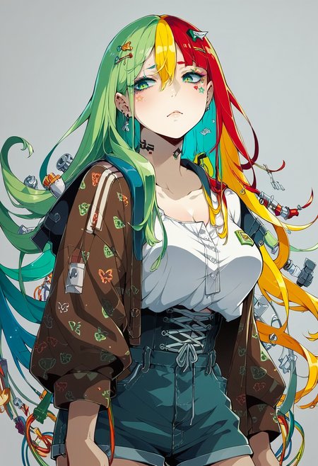 score_9, score_8_up, score_7_up, score_6_up, score_5_up,  <lora:HiroyukiTakahashiXLP:1> hiroyukitakahashi, 1girl, long hair, multicolored hair, curvy,