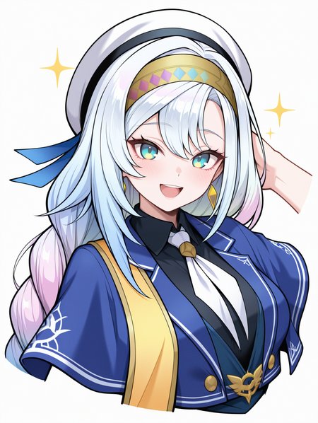 artmegia finemelt,1girl,solo,gradient hair,hand behind head,open mouth,white background,looking at viewer,smile,upper body,simple background,gold earrings,blue dress,black collared shirt,blue capelet,cropped torso,white beret,gold hairband,gold sash,white necktie,
masterpiece,best quality,amazing quality,very aesthetic,absurdres,newest,<lora:Artmegia finemelt illusXL v1.3:0.7>,