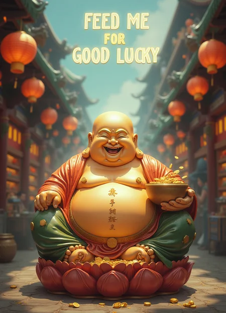 ghibli style anime art, a portrait of a joyful, rotund Buddha statue in a traditional gold and jade finish sits on a large lotus pedestal in a bustling, vibrant marketplace. The Buddha’s face glows with a welcoming smile, eyes slightly closed as if in serene laughter, and one hand is raised in a blessing gesture. The other hand holds an overflowing golden bowl with coins, and small fortune charms spilling over its edge. Above his head, illuminated in soft neon, is the text: "FEED ME FOR GOOD LUCK" in bold, stylized lettering reminiscent of traditional Asian calligraphy with a modern twist. Soft sunlight filters through paper lanterns hanging above, casting a warm, mystical glow over the scene. The setting feels lively yet sacred, embodying a sense of abundance and generosity.