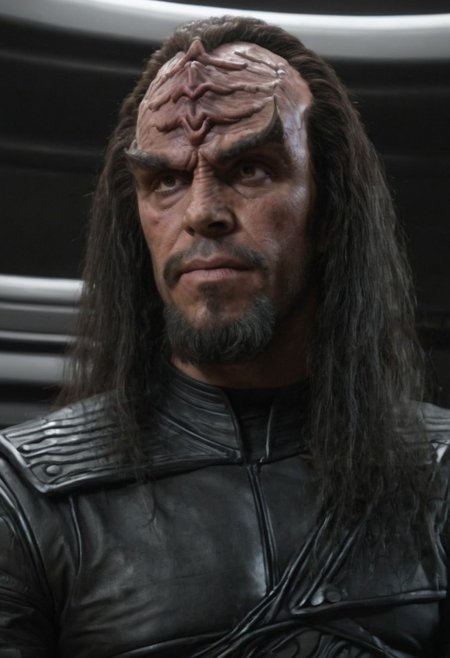 8k, hyper realistic, full shot, Klingon male, black leather uniform, large klingon forehead, on a spaceship, dark lighting, dark hair, mean expression, Detailed natural skin and blemishes without-makeup and acne, look.